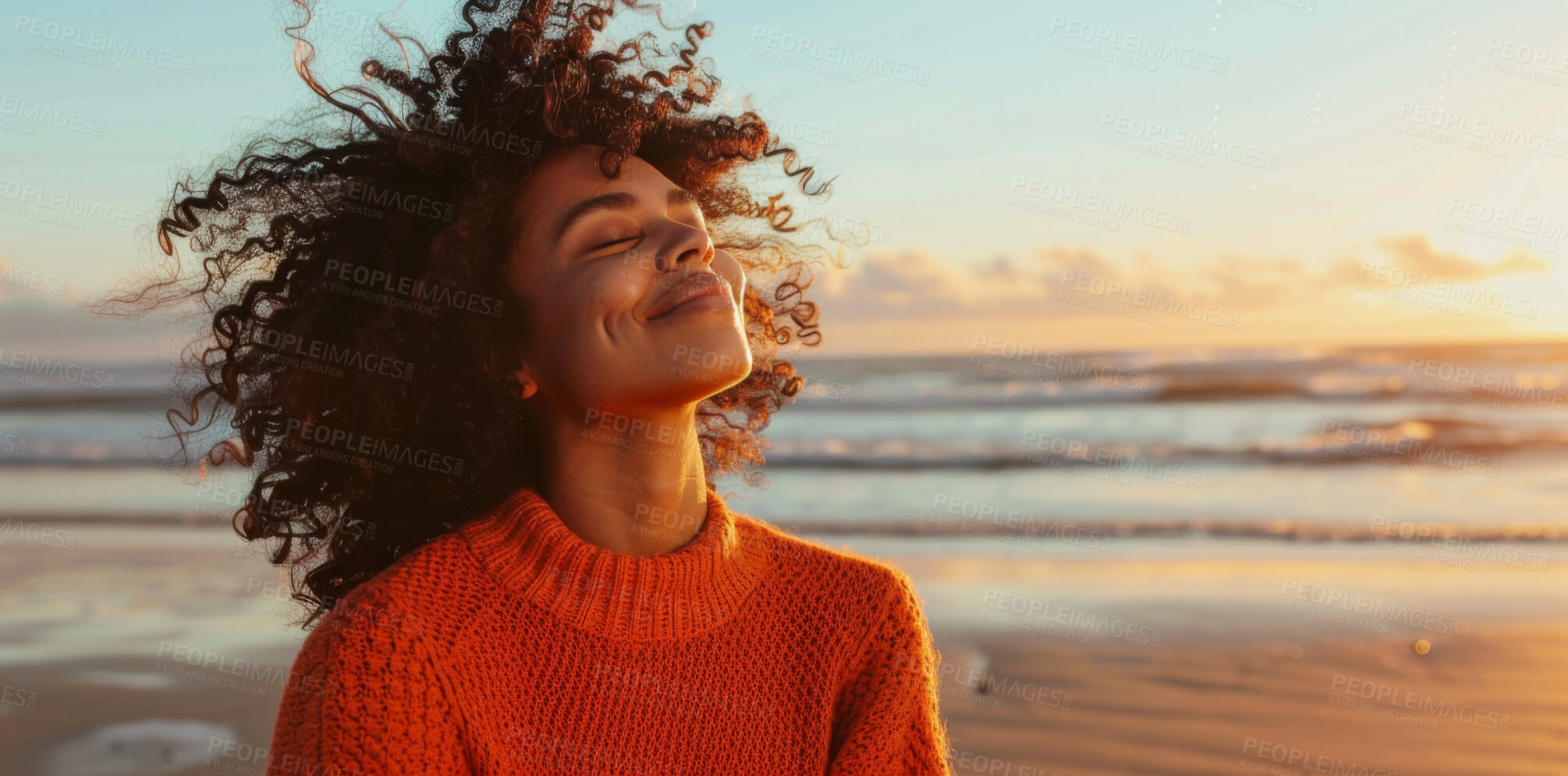 Buy stock photo Black woman, happy and meditation with breathing on beach for fresh air or spiritual yoga in nature. Faith, person or peaceful by ocean for sunset worship, holistic mindset or zen with mockup space