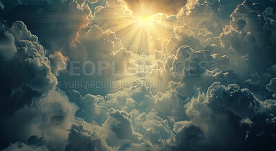 Clouds, dark sky and heaven with sunlight of God in belief, faith or spiritual religion at sunset. Abstract, background and wallpaper with cloudy gray weather in air for peace, praise or worship