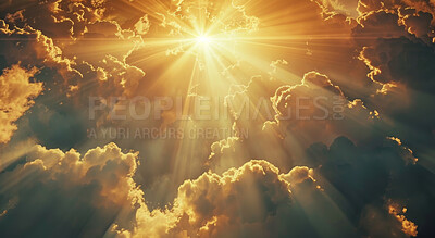 Clouds, heaven and sky with sunshine of God in belief, faith or spiritual religion at sunset. Abstract, background and wallpaper with cloudy or dramatic gray weather for peace, praise or worship