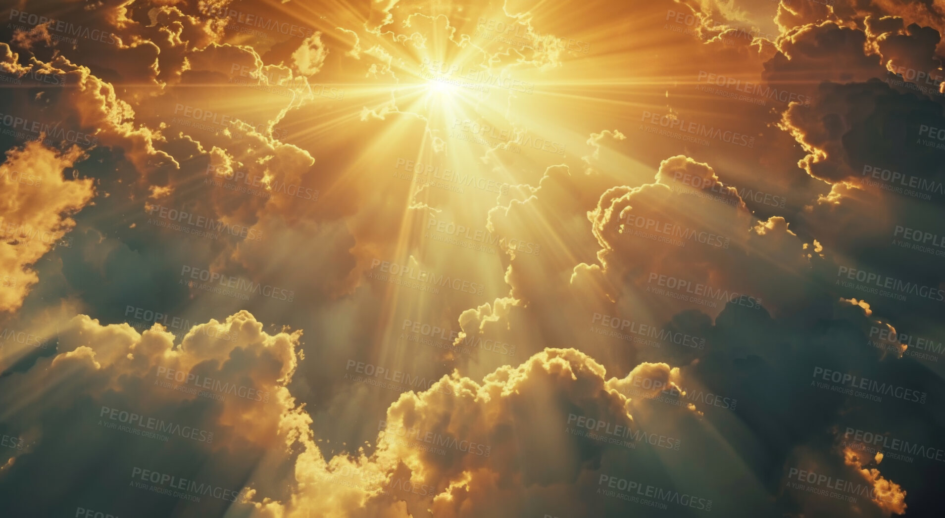 Buy stock photo Clouds, heaven and sky with sunshine of God in belief, faith or spiritual religion at sunset. Abstract, background and wallpaper with cloudy or dramatic gray weather for peace, praise or worship