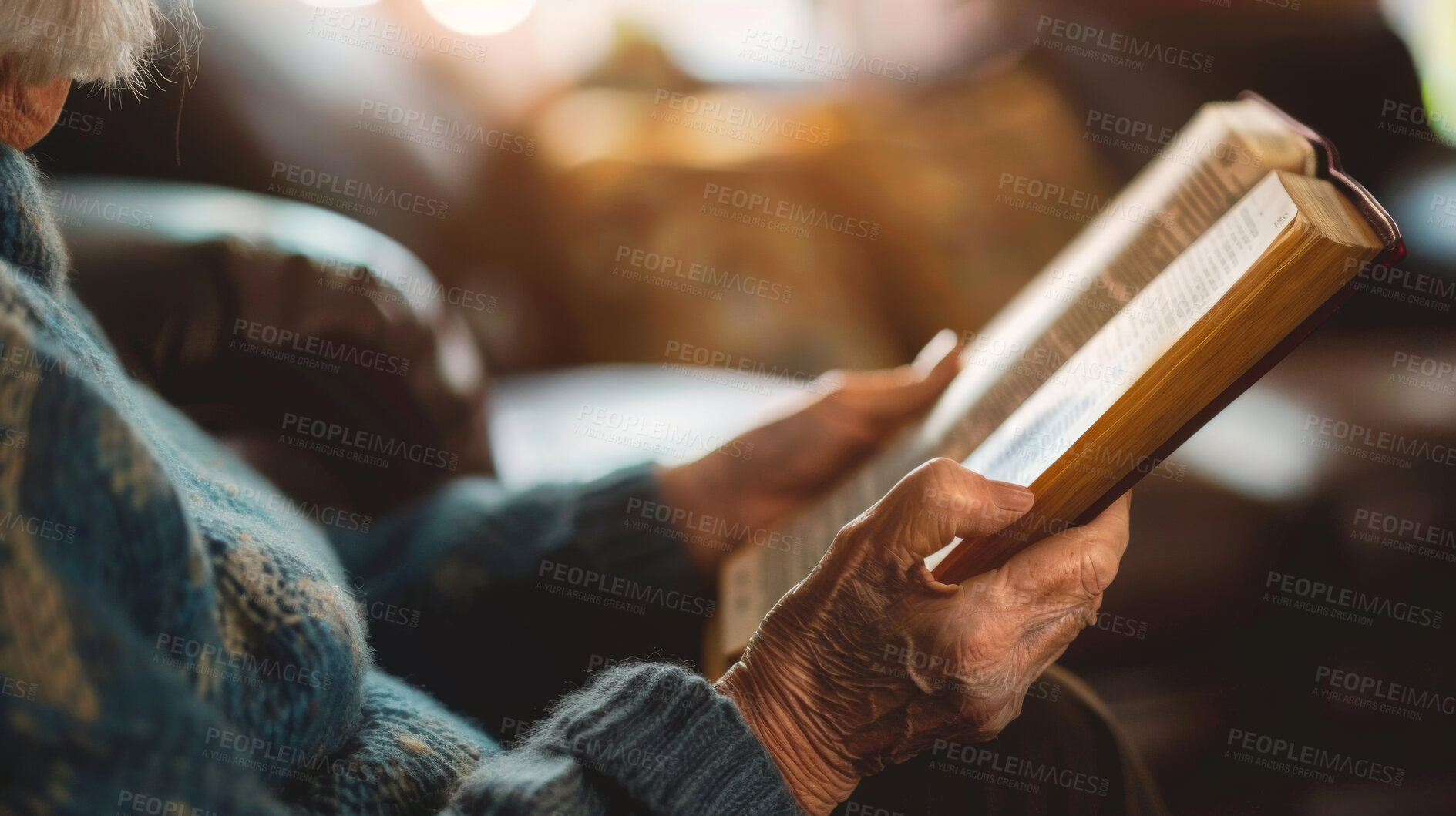 Buy stock photo Senior person, hands and reading bible in house for faith, religion and worship to Jesus christ. Christian believer, hope and book for relationship with God, heaven and holy spirit or spiritual life