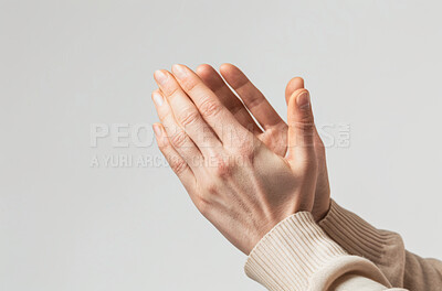 White background, hands and person with praying to God for support, spiritual healing and worship. Jesus, Christian and arms in air with praise for gratitude, forgiveness and guidance in faith