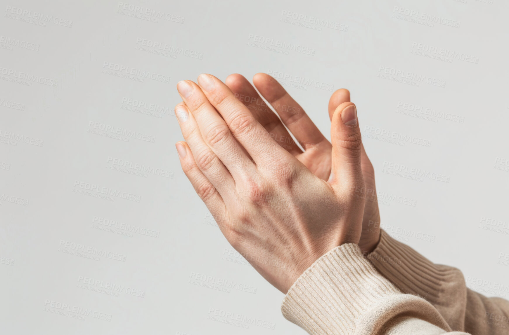 Buy stock photo White background, hands and person with praying to God for support, spiritual healing and worship. Jesus, Christian and arms in air with praise for gratitude, forgiveness and guidance in faith