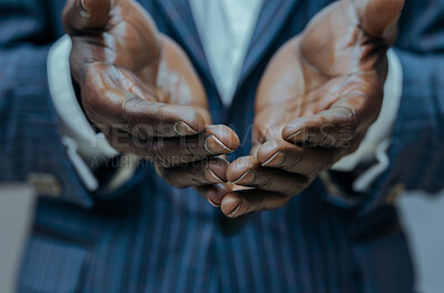 Buy stock photo Black man, hands and praying with faith for god, religion or worship in submission, care or support. Closeup of poor person with palms together for charity, blessing or help with offer in poverty