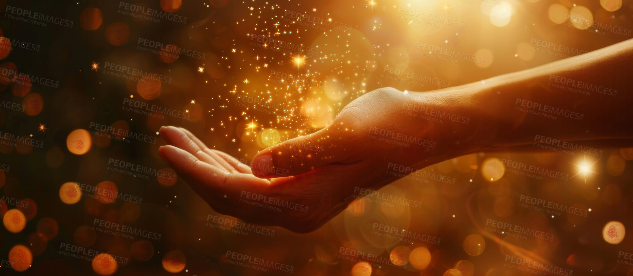 Buy stock photo Bokeh, hands and person with magic, light or glitter for spiritual mindfulness and wellness. Stars, shine and model with bright mystical gold confetti for healing in religion with peace and calm.