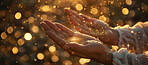 Bokeh, hands and person with glitter, light or magic for spiritual mindfulness and wellness. Stars, shine and model with bright mystical gold confetti for healing in religion with peace and calm.