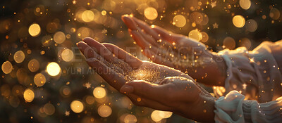 Bokeh, hands and person with glitter, light or magic for spiritual mindfulness and wellness. Stars, shine and model with bright mystical gold confetti for healing in religion with peace and calm.