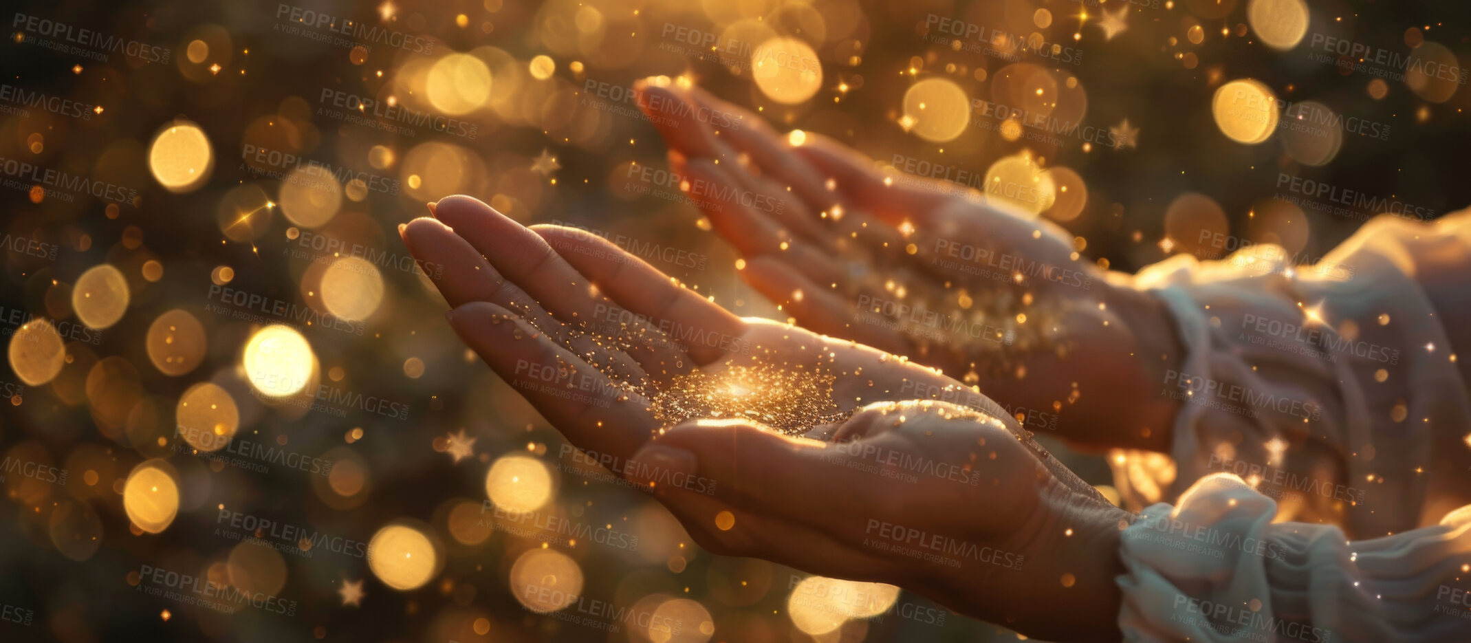 Buy stock photo Bokeh, hands and person with glitter, light or magic for spiritual mindfulness and wellness. Stars, shine and model with bright mystical gold confetti for healing in religion with peace and calm.