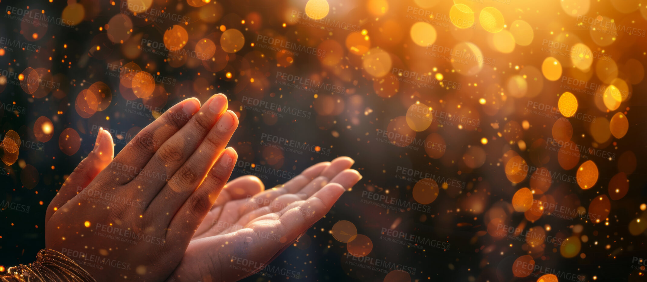 Buy stock photo Bokeh, hands and person with stars, light or glitter for spiritual mindfulness and wellness. Magic, shine and model with bright mystical gold confetti for healing in religion with peace and calm.