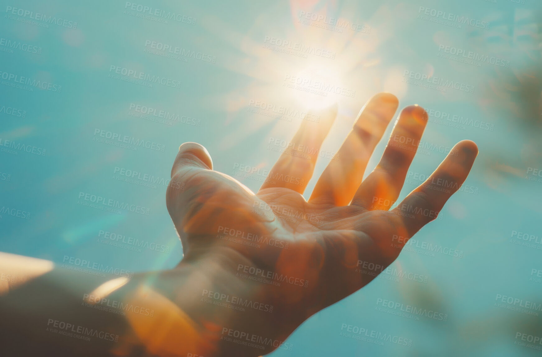 Buy stock photo Faith, reach and hand in sunshine on blue sky for religion, hope and inspiration for spiritual support. God, heaven and person with sun light for worship, care and gratitude prayer for soul wellness.