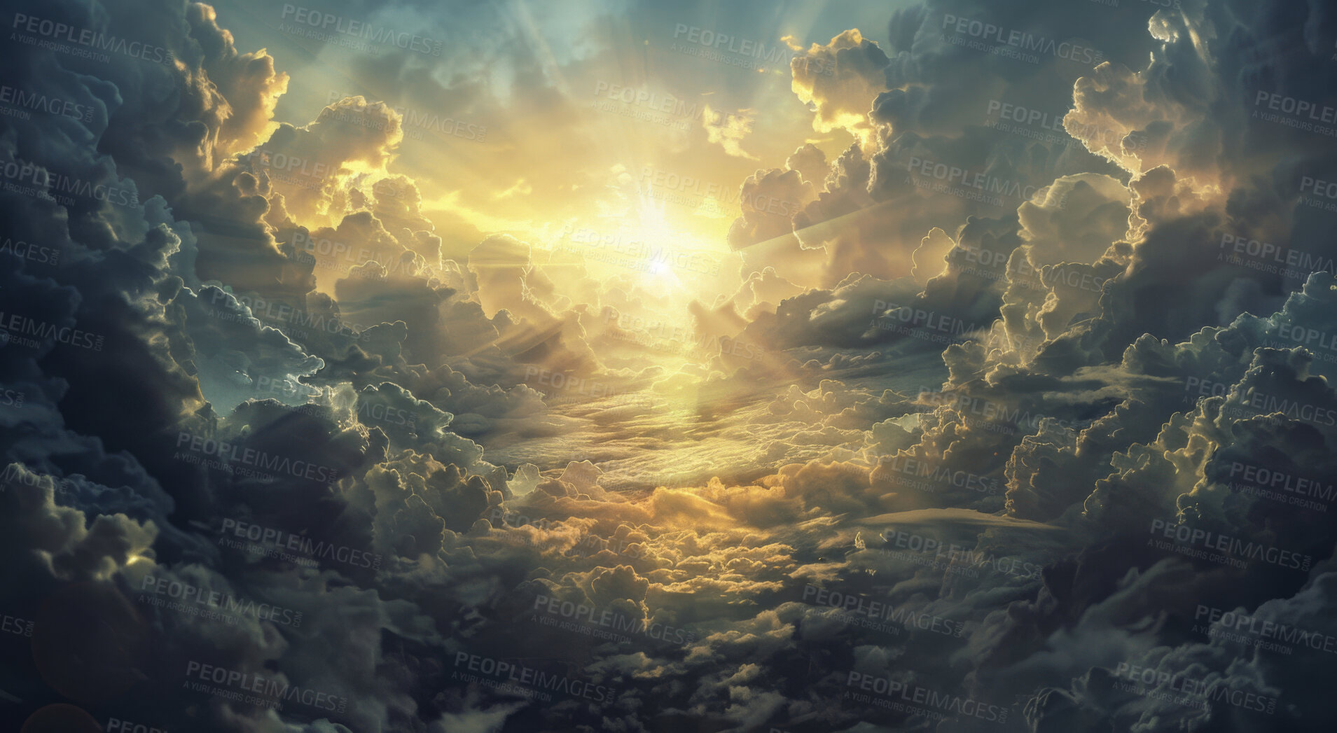 Buy stock photo Gray clouds, heaven and sky with God for belief, faith or spiritual religion at sunset. Abstract, background and wallpaper with dark, moody or cloudy weather in air for peace, praise or worship