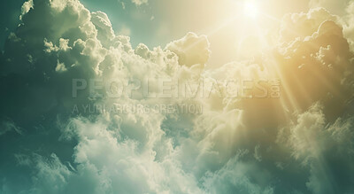 Clouds, heaven and dramatic sky with God for belief, faith or spiritual religion at sunset. Abstract, background and wallpaper with cloudy or mystery weather in air for peace, praise or worship
