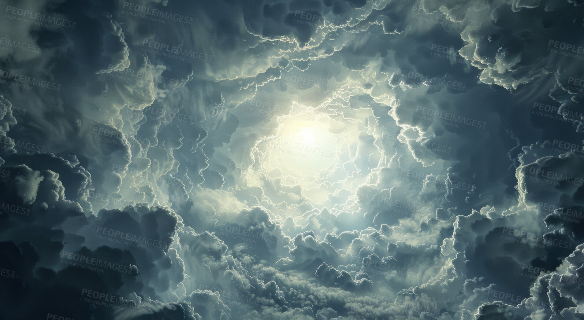 Buy stock photo Clouds, heaven and dark sky with light of God in belief, faith or spiritual religion at sunset. Abstract, background and wallpaper with eye of storm weather in air for peace, praise or worship