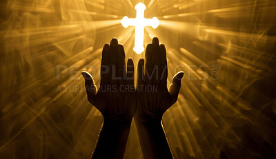 Worship, hands and cross with light for faith, religion and prayer to Jesus christ. Christian person, hope and praise for God, heaven and resurrection or forgiveness of sin by gospel or church