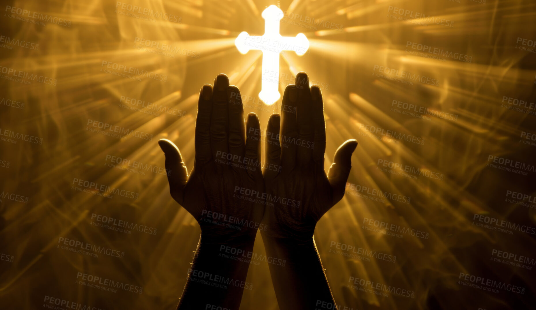 Buy stock photo Worship, hands and cross with light for faith, religion and prayer to Jesus christ. Christian person, hope and praise for God, heaven and resurrection or forgiveness of sin by gospel or church