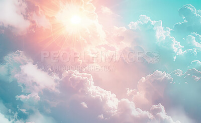 Clouds, heaven and blue sky with flare of God in belief, faith or spiritual religion at sunset. Abstract, background and wallpaper with bright or cloudy weather in air for peace, praise or worship