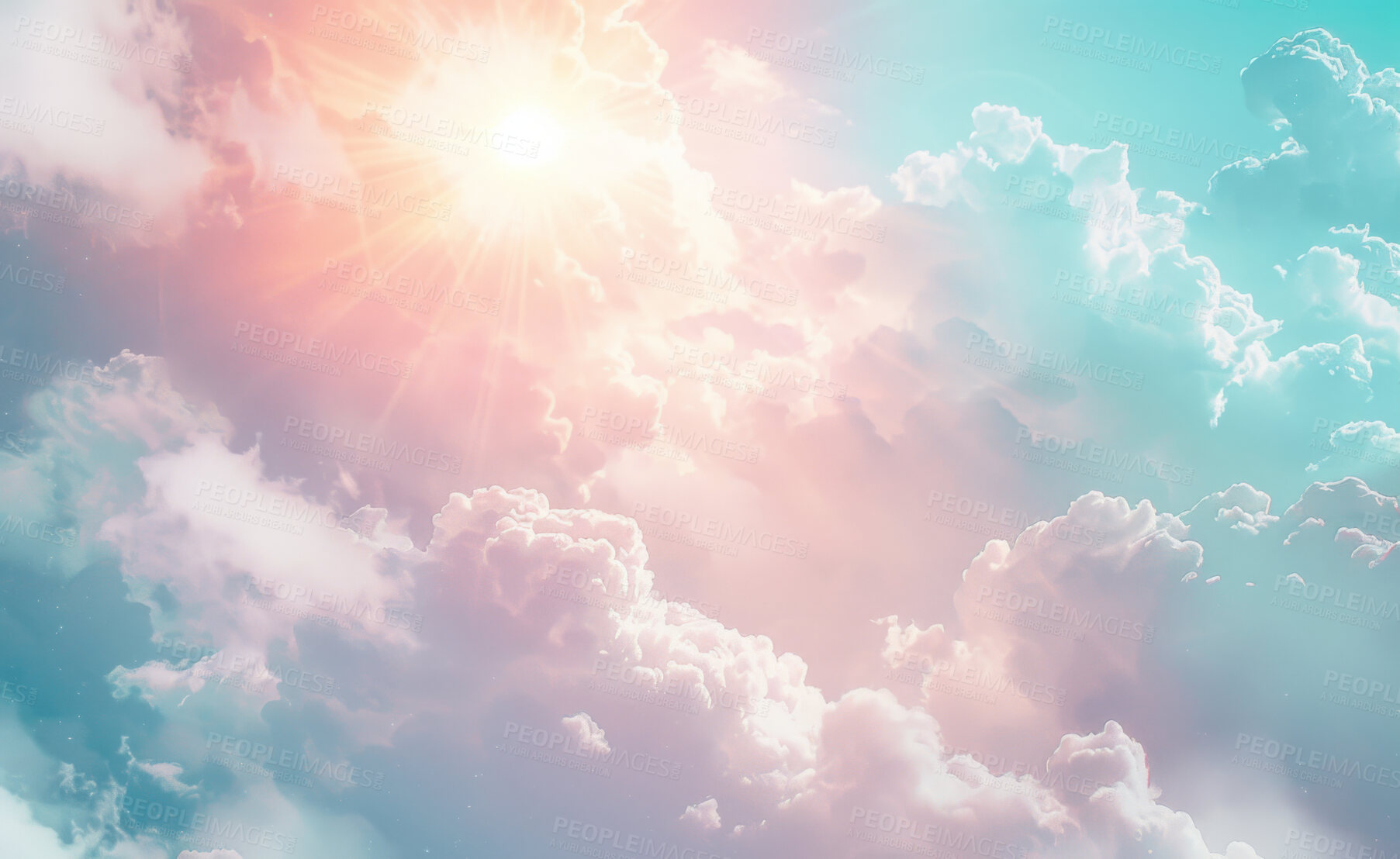 Buy stock photo Clouds, heaven and blue sky with flare of God in belief, faith or spiritual religion at sunset. Abstract, background and wallpaper with bright or cloudy weather in air for peace, praise or worship