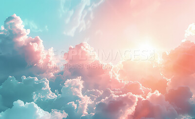 Abstract, clouds and sky with sunlight of God in belief, faith or spiritual religion at sunset. Background, heaven and wallpaper with colorful cloudy weather in air for peace, praise or worship