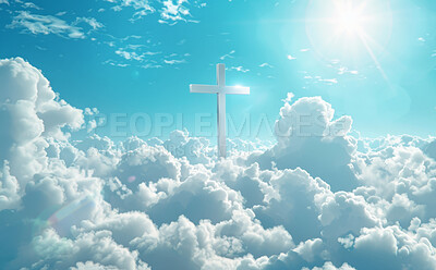 Clouds, heaven and blue sky with cross of Jesus in belief, faith or spiritual religion at sunset. Abstract, background and wallpaper with miracle symbol of God in air for peace, praise or worship