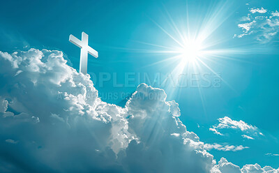 Blue sky, clouds and cross with sun of God for belief, faith or spiritual religion at sunset. Abstract, background and wallpaper with cloudy symbol of Christ in air for peace, praise or worship