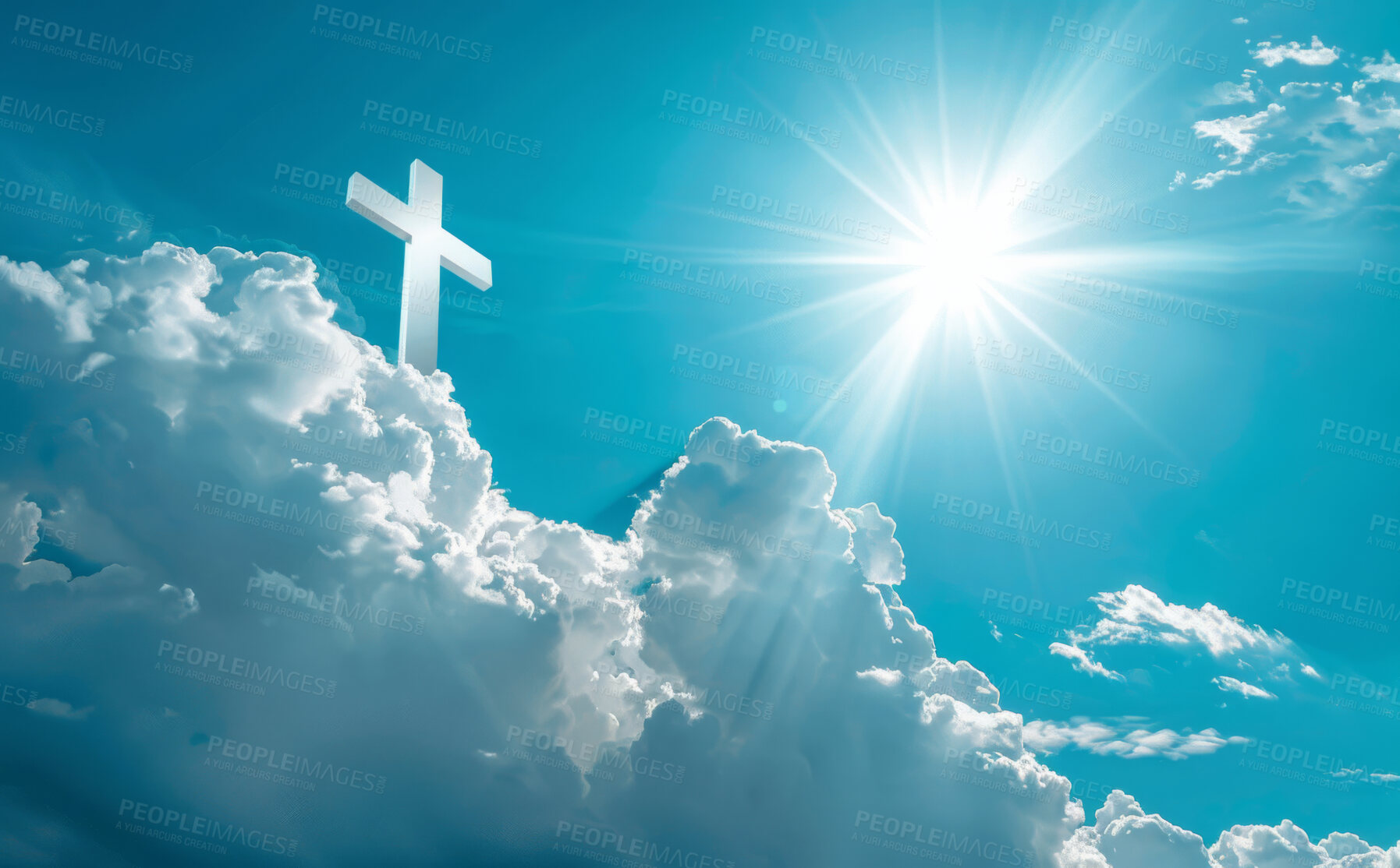 Buy stock photo Blue sky, clouds and cross with sun of God for belief, faith or spiritual religion at sunset. Abstract, background and wallpaper with cloudy symbol of Christ in air for peace, praise or worship