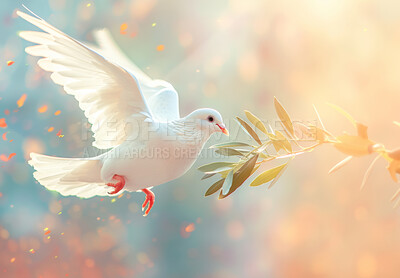 White dove, flying and leaves for peace with spiritual wallpaper, mockup space or sign of hope. Bird, flight or symbol of new beginning, purity or honesty with illustration, creative art or Christian