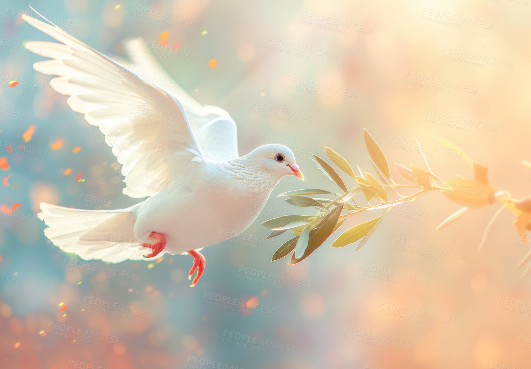 Buy stock photo White dove, flying and leaves for peace with spiritual wallpaper, mockup space and sign of hope. Bird, flight or symbol of new beginning, purity or honesty with freedom, creative art and Christian