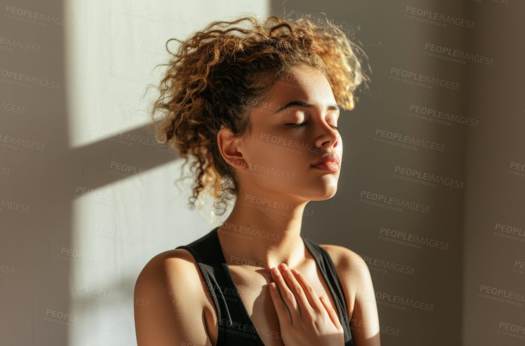 Buy stock photo Calm, breathing and woman in home for balance, gratitude and zen with peace meditation. Relax, praying and female person with grateful gesture in morning for mindfulness or grounding at apartment.