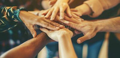 Hands, huddle and diversity with teamwork, helping others and solidarity with community support. Workshop, trust and success with partnership, goal and motivation for collaboration with perseverance