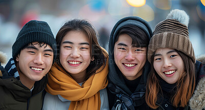 Portrait, friends and youth with smile on vacation, holiday and journey in winter by blurred background. Happiness, group and face of young people outdoor in city, street and students in Malaysia