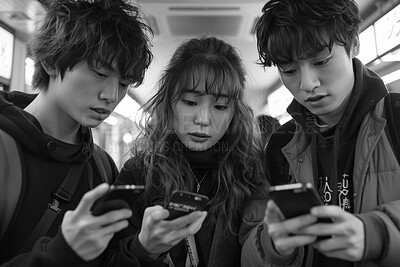 Asian people, group and smartphone with typing, connection and internet with bad habit in train. Friends, youth and travel with cellphone, mobile user and online reading with tech and digital app