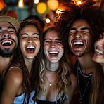 Laugh, friends and youth with smile on vacation, holiday and journey in winter by blurred background. Happiness, group and face of young people outdoor in city, street and students in Malaysia