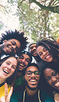 People, happy and selfie in diversity portrait, friends and social media post in natural forest. Bonding, relationship and fun with trees and college students, university break and peace sign