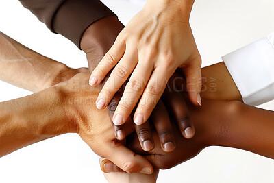 Buy stock photo Hands, huddle and diversity with collaboration, helping others and solidarity with community teamwork. People, trust and success with partnership, goal and motivation for support with perseverance