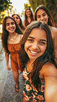 Hispanic, women and portrait selfie or outdoor travel as social media update, profile picture or bonding. Female people, friends and face or exploring trip in Mexico for internet post, relax or park