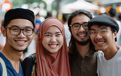 Portrait, friends and Asian teenagers on vacation, holiday and journey in winter by blurred background. Happiness, group and face of young people outdoor in city, street and students in Malaysia
