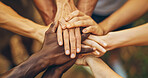 Hands, huddle and diversity with support, helping others and solidarity with community teamwork. Workshop, trust and success with partnership, goal and motivation for collaboration with perseverance