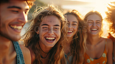 Happy, friends and lens flare with summer travel, sunshine and laughter with young group of people outdoor. Vacation, adventure and students in Italy for break, funny together with comedy and bonding