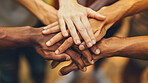 Hands, huddle and diversity with trust, helping others and solidarity with community teamwork. Workshop, support and success with partnership, goal and motivation for collaboration with perseverance