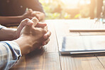 Meeting, hands and tech of business people in a pitch with a client in a office boardroom with lens flare. Tablet, laptop and professional men with technology and listening to a presentation for job