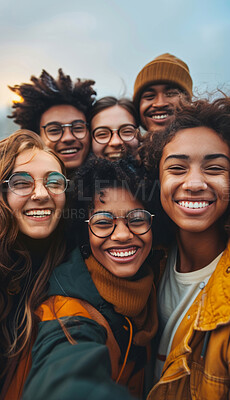 Portrait, friends and happy in selfie with travel, memory and post for social media with group of people outdoor. Vacation, adventure and students on break for bonding with smile in profile picture