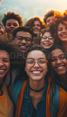 Portrait, friends and youth with diversity on vacation, holiday and journey in winter by blurred background. Happiness, group and face of young people outdoor in city, street and students in Malaysia