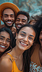 Group, selfie and beach with vacation, smile and adventure with travel and getaway trip with happiness. Portrait, men and women with seaside, Brazil and holiday with weekend break, summer and friends