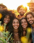 Portrait, friends and lens flare with summer travel, sunshine and happy with young group of people outdoor. Vacation, adventure and students in Brazil for break, love and bonding with trust together