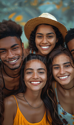 Happy, friends and portrait with summer travel, support and trust with young group of people outdoor. Vacation, adventure and students in Mexico for break, together with love and smile for bonding