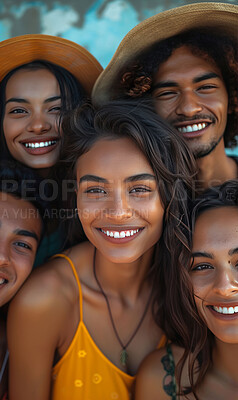 Happiness, friends and portrait with travel, summer and sun with young group of people together for bonding. Vacation, adventure and students in Mexico for break, relax with support and trust