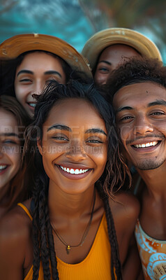 Selfie, group and friends with vacation, beach and smile with holiday, profile picture or getaway trip. Face, group or travel with adventure, seaside or weekend break with happiness, summer or Brazil