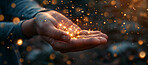 Stars, hands and person with magic, light or glitter for spiritual mindfulness and wellness. Bokeh, shine and model with bright mystical gold confetti for healing in religion with peace and calm.