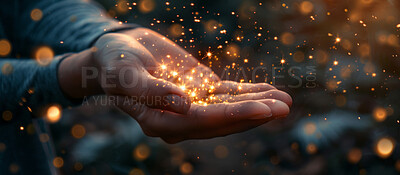 Stars, hands and person with magic, light or glitter for spiritual mindfulness and wellness. Bokeh, shine and model with bright mystical gold confetti for healing in religion with peace and calm.