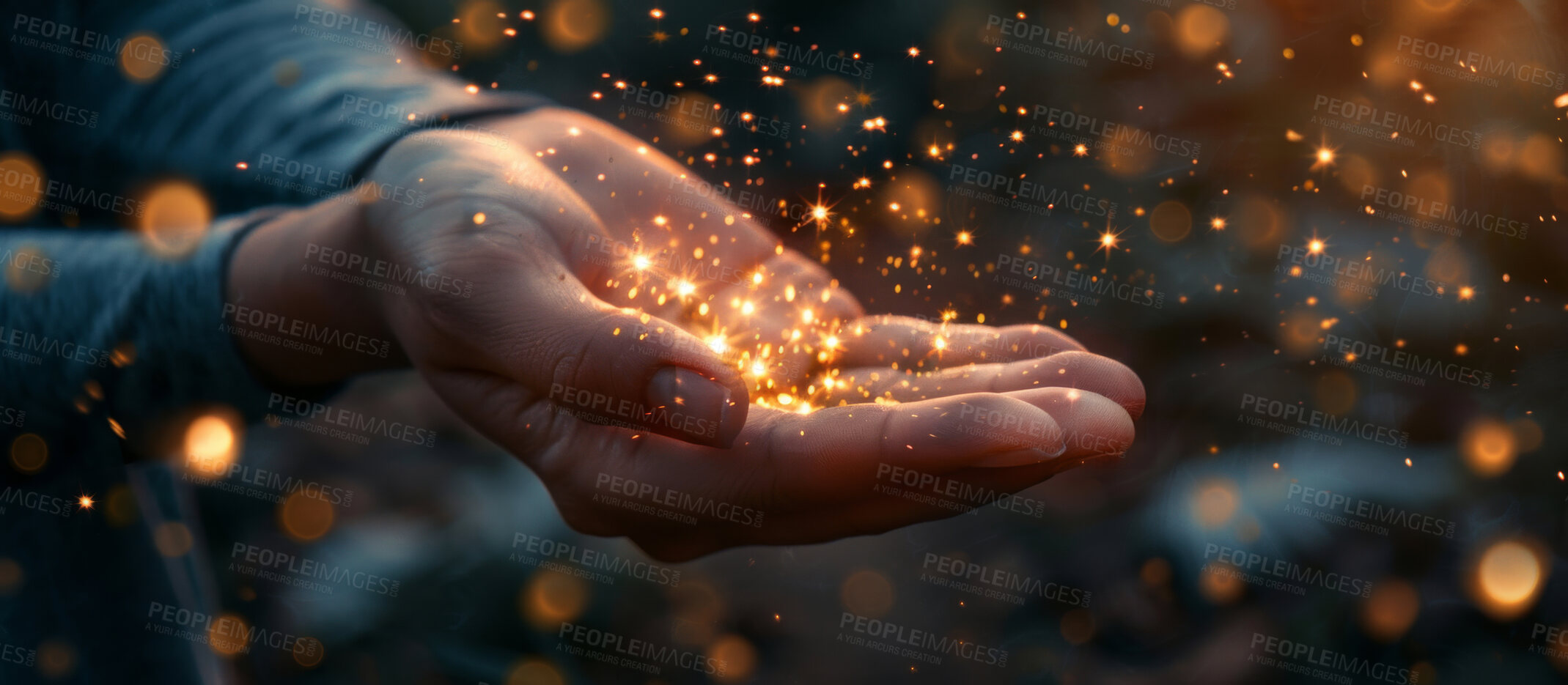 Buy stock photo Stars, hands and person with magic, light or glitter for spiritual mindfulness and wellness. Bokeh, shine and model with bright mystical gold confetti for healing in religion with peace and calm.